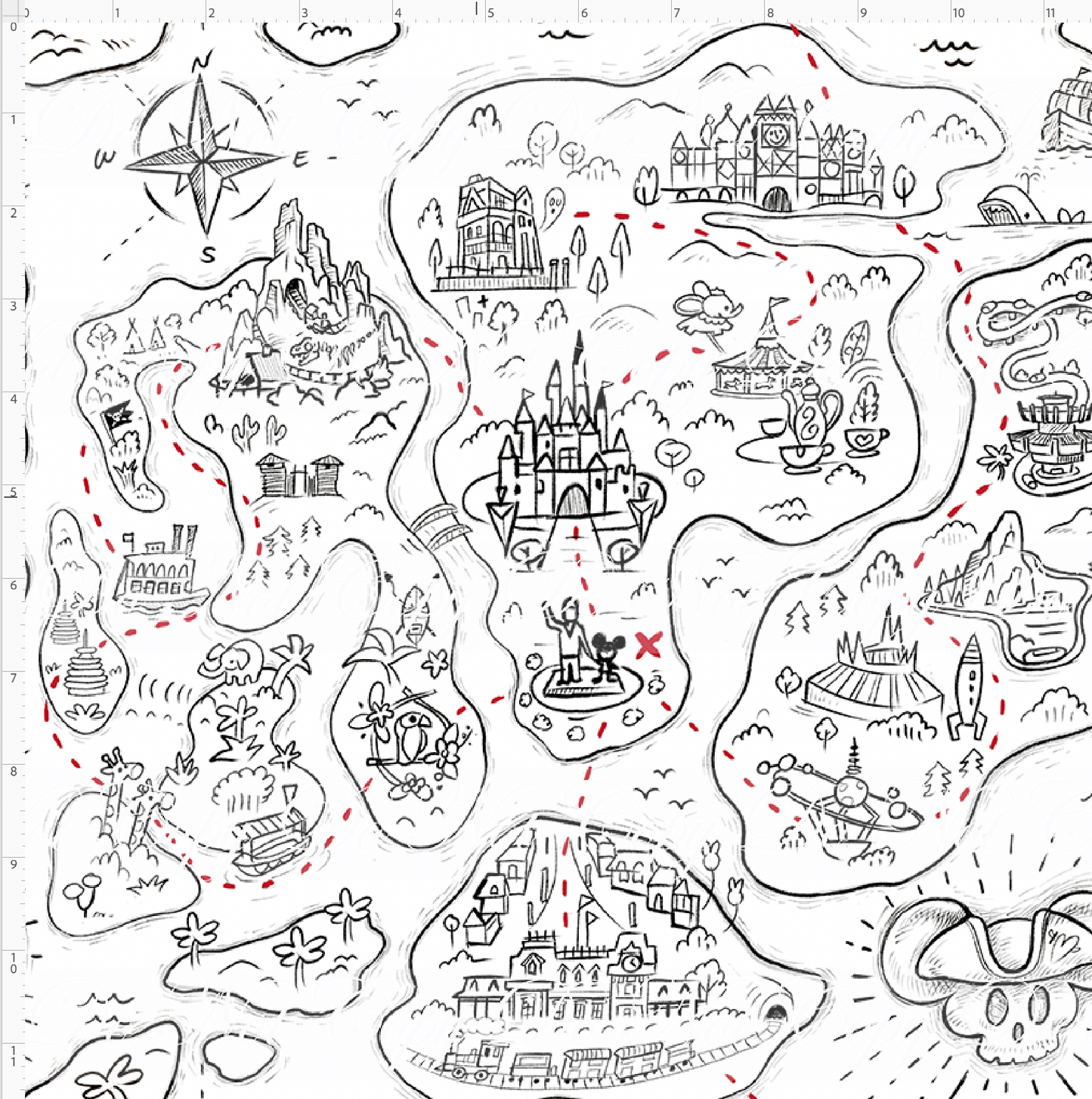 Kawaii Pirates - Pirate Map - black and red - REGULAR SCALE