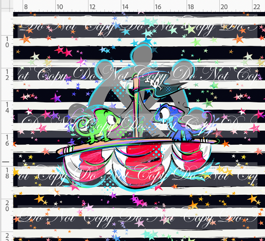 Kawaii Pirates - panel - lizards - black stripe with stars - ADULT