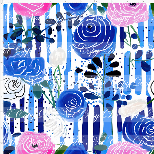 Bold Florals - Pink Blue Roses Vertical Stripes - REGULAR SCALE