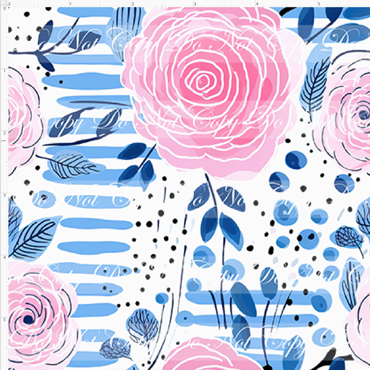 Bold Florals - Pink Roses Blue Stripes - REGULAR SCALE