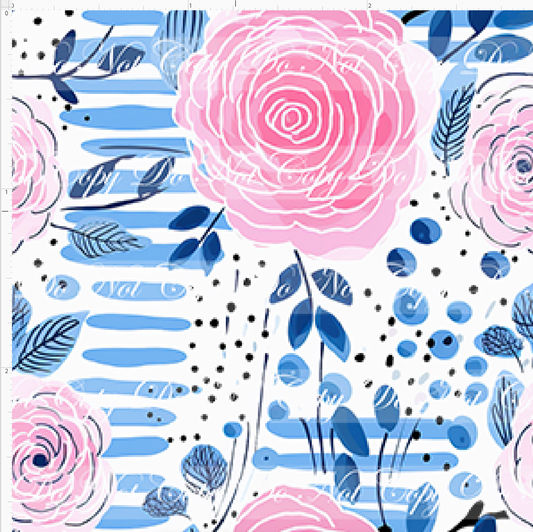 Bold Florals - Pink Roses Blue Stripes - SMALL SCALE