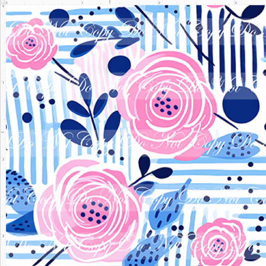 Bold Florals - Pink Roses & Blue Abstract - SMALL SCALE