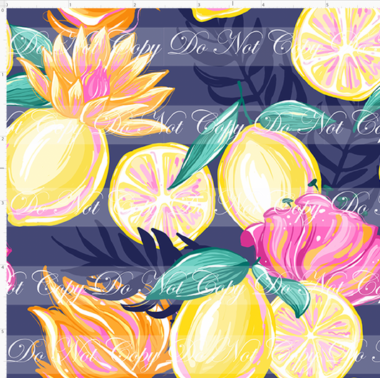 Citrus Bloom - Lemon & Floral Toss on Navy - Small Scale