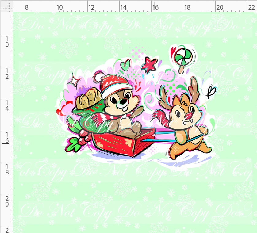 Kawaii Christmas - Panel - Snowflake - Mint - Chipmunks - ADULT