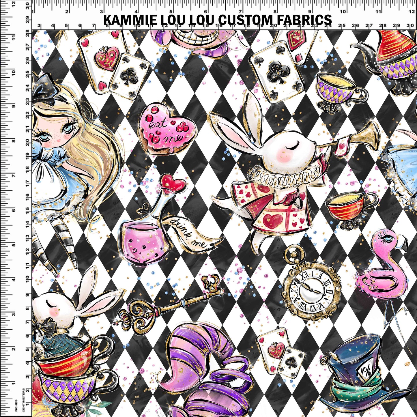 R107 Wonderland Tea Party - Main Toss -Black and White Harlequin - Regular Scale