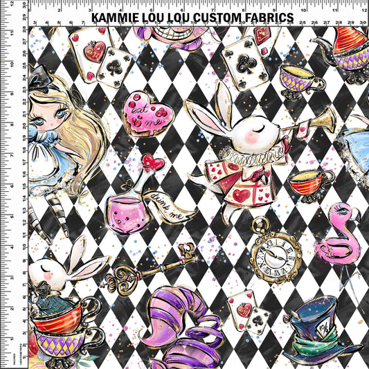 R107 Wonderland Tea Party - Main Toss -Black and White Harlequin - Regular Scale
