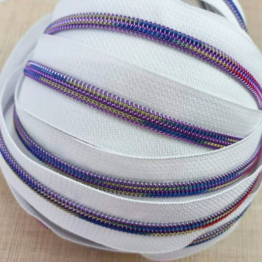 Hardware : ZIPPER - Long Chain - White with Iridescent Rainbow Teeth #3 or #5 (005)