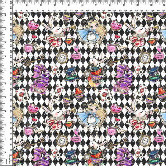 R107 Wonderland Tea Party - Main Toss -Black and White Harlequin - SMALL SCALE