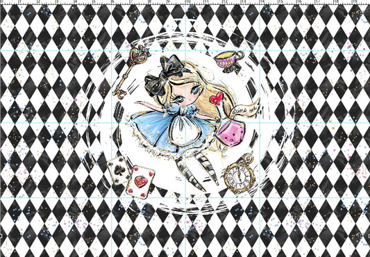 R107 Wonderland Tea Party - Panel 2 - Black and White Falling - CHILD